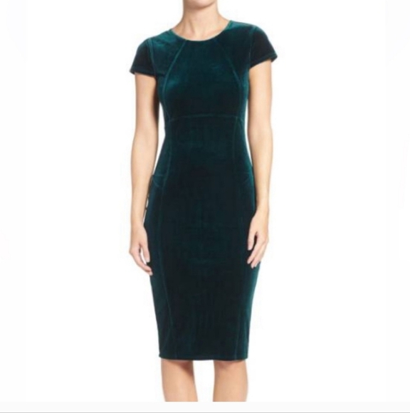 💚5/$25 Felicity & Coco Stretch Velvet Pencil Sheath Midi Dress Bottled Green XS - Picture 1 of 11